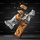 Crispy cereal bar breaking apart with flying nuts