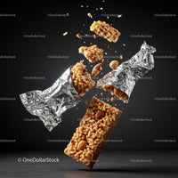 Crispy cereal bar breaking apart with flying nuts