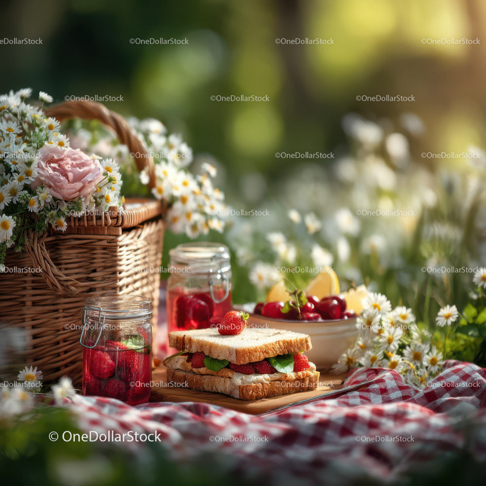Cherries and Strawberry Sandwiches in a Garden Picnic Setting