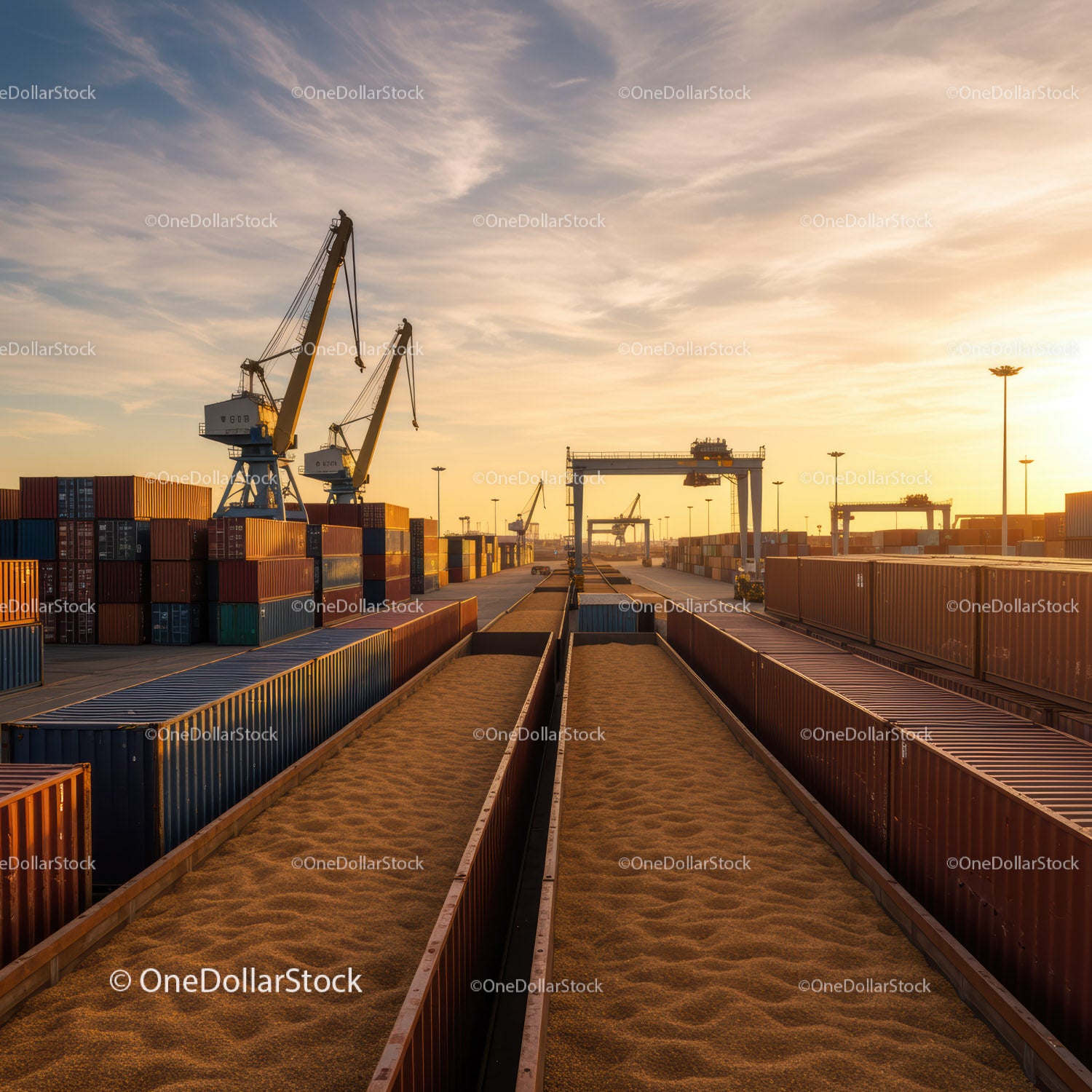 Port kontenerowy z dźwigami o zachodzie słońca