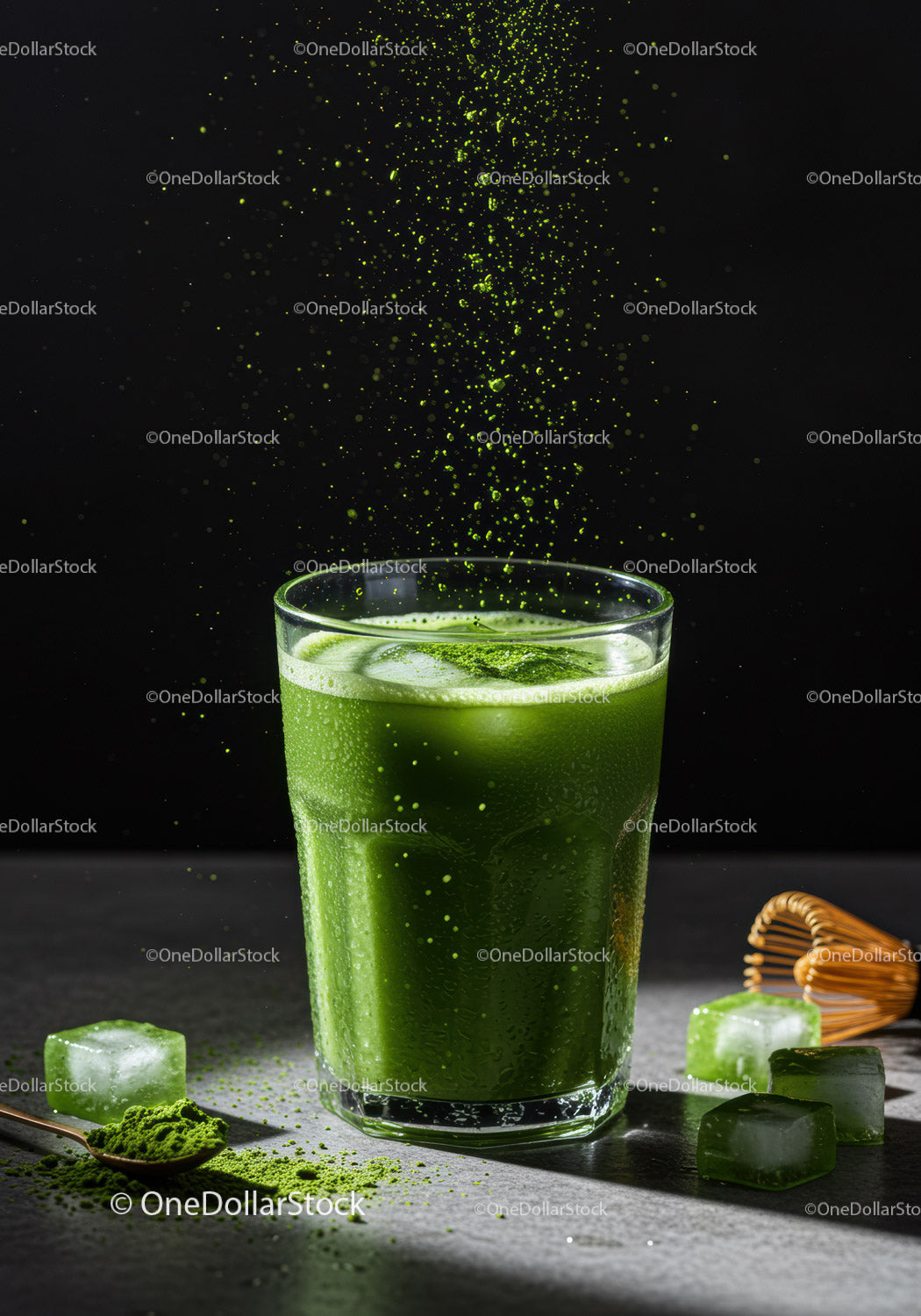 Orzeźwiający napój z lodem matcha i odrobiną proszku matcha