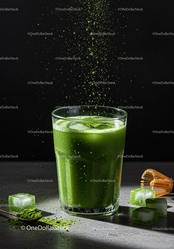 Refreshing iced matcha drink with matcha powder splash