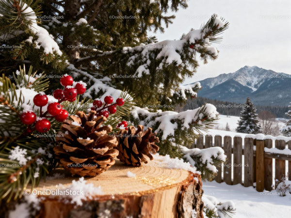 Snowy winter scene with pinecones and red berries on stump