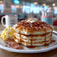 Stack of Fluffy Pancakes with Bacon and Syrup in Cozy Breakfast Setting