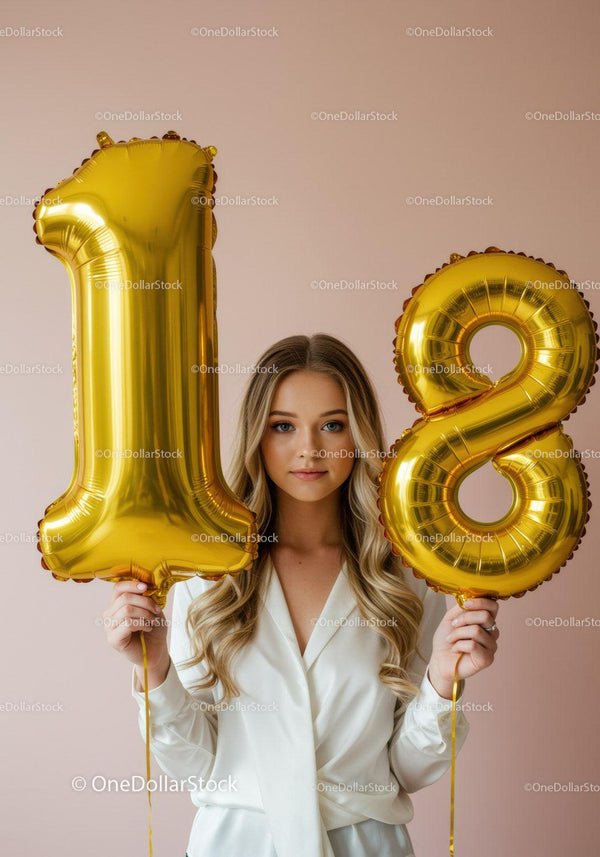 Młoda kobieta świętująca 18. urodziny z złotymi balonami