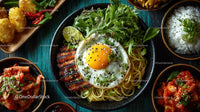 Asian Seafood Spicy Kimchi Rice Bowl with Shrimp and Greens