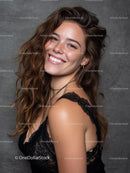 Portrait of a Stylish Happy Woman with Wavy Brown Hair and Bright Smile