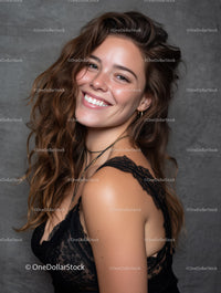 Portrait of a Stylish Happy Woman with Wavy Brown Hair and Bright Smile