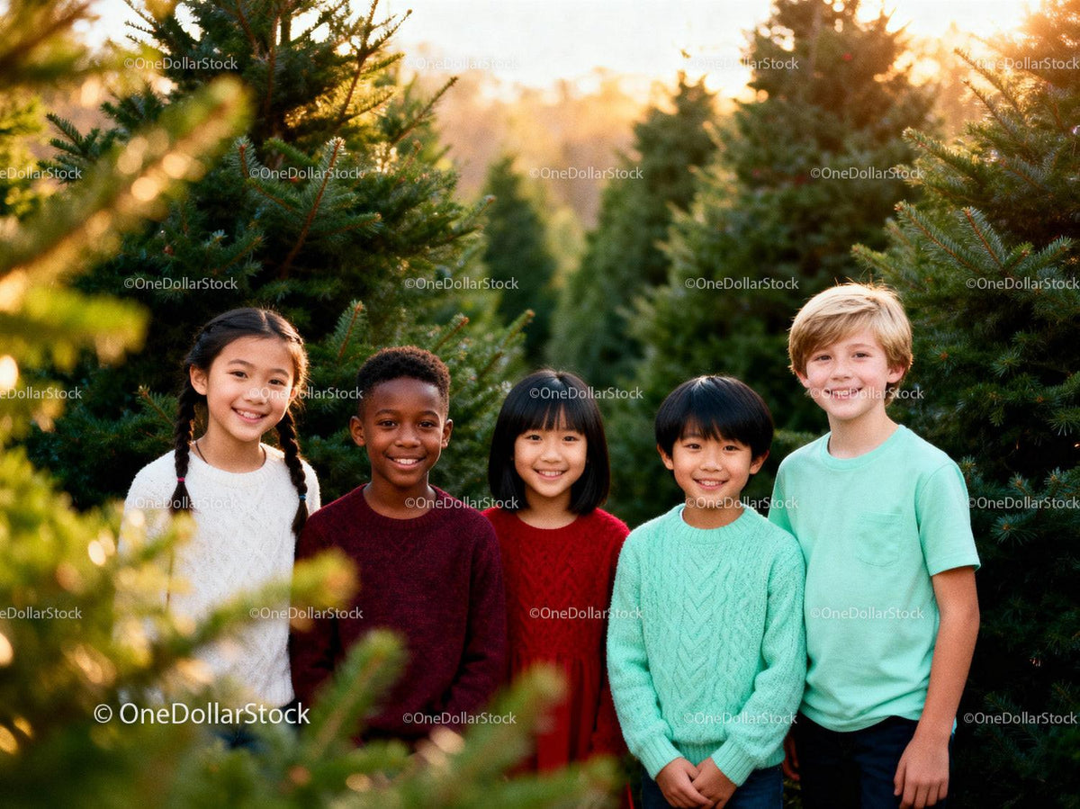 Smiling children gather among evergreen trees outdoors