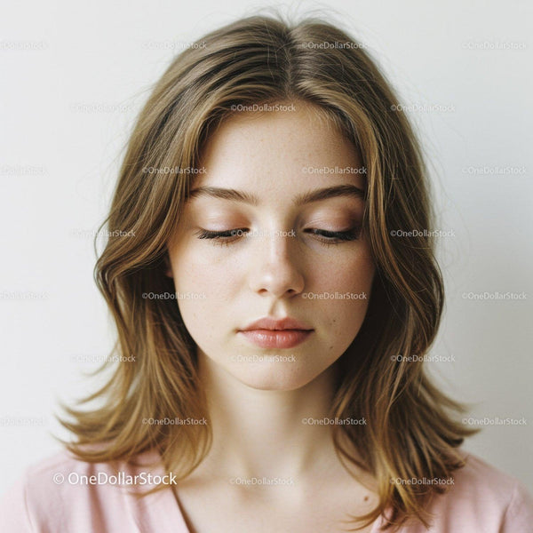 Young Woman with Shoulder-Length Hair and Soft Makeup in Peaceful Portrait