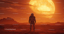 Astronaut Standing on Alien Planet with Large Sun Setting Behind