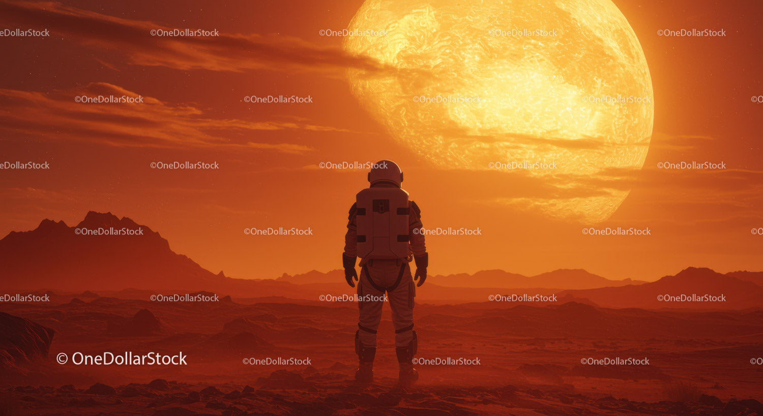 Astronaut Standing on Alien Planet with Large Sun Setting Behind