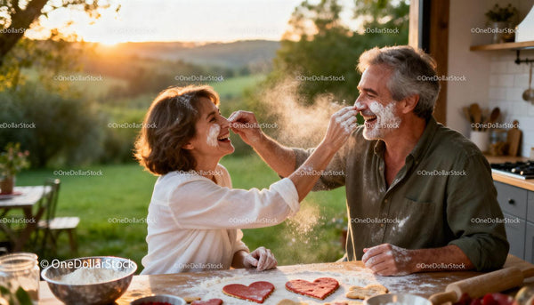 Mature couple playfully baking heart cookies at sunset