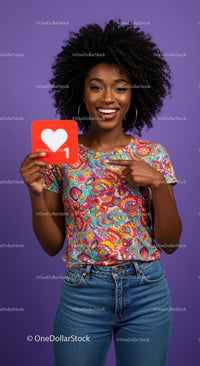 Vibrant Young Woman Holding Like Icon in Bright Casual Outfit