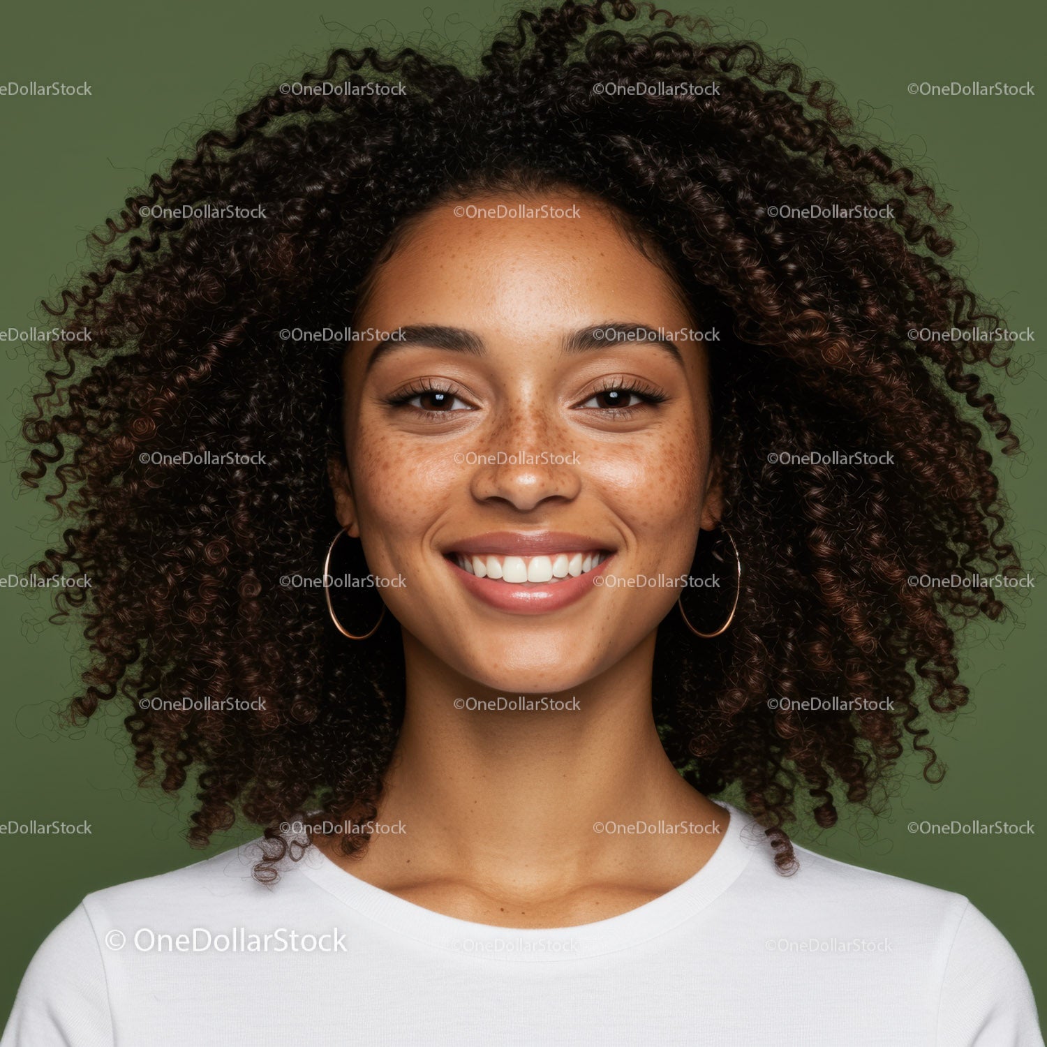 Portrait of a Smiling Woman with Curly Hair and Hoop Earrings