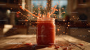 Vibrant Tomato Sauce Splash with Fresh Tomatoes in Background