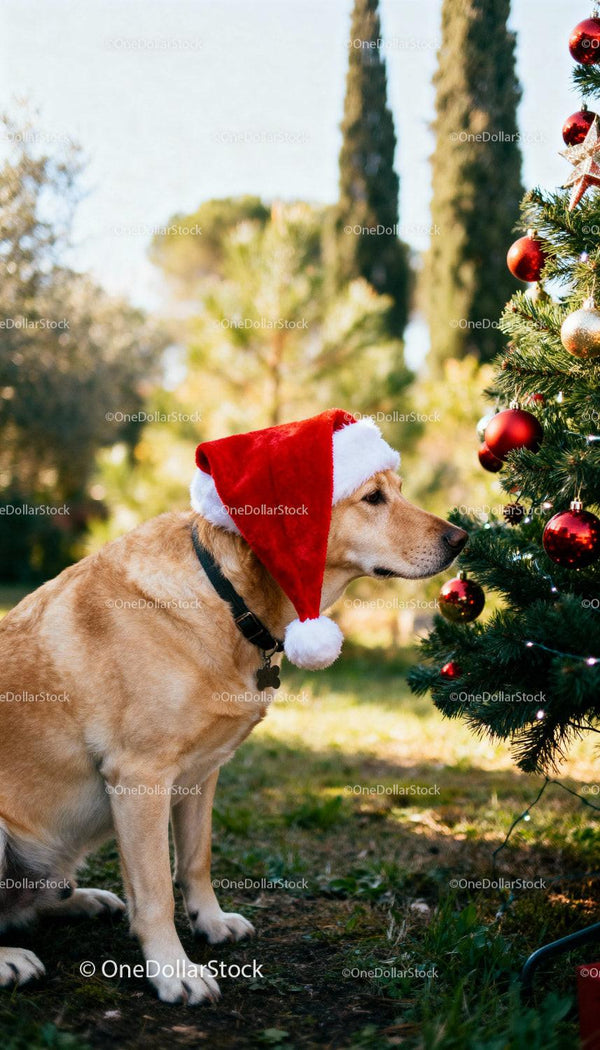 Żółty labrador w czapce Mikołaja przy udekorowanej sosnie