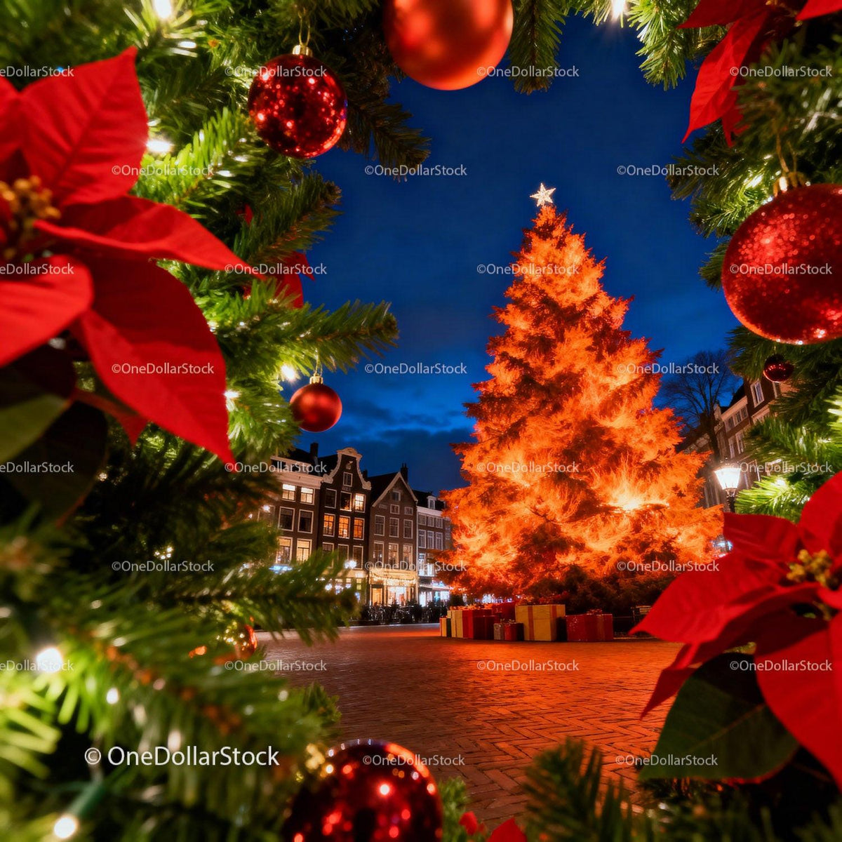 Glowing Christmas Tree in Cozy Town Square at Night