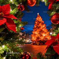 Glowing Christmas Tree in Cozy Town Square at Night