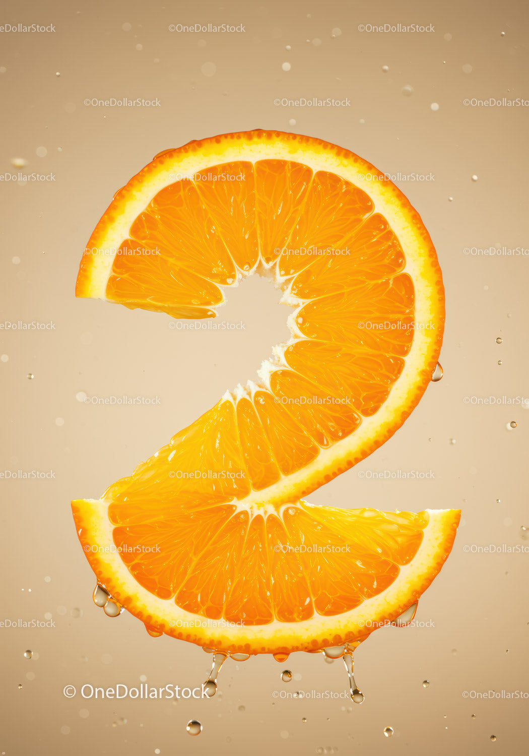 Fresh orange slice shaped like number two with droplets