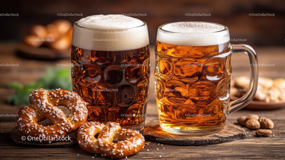 Amber Beer Mugs with Pretzels on Rustic Wooden Table