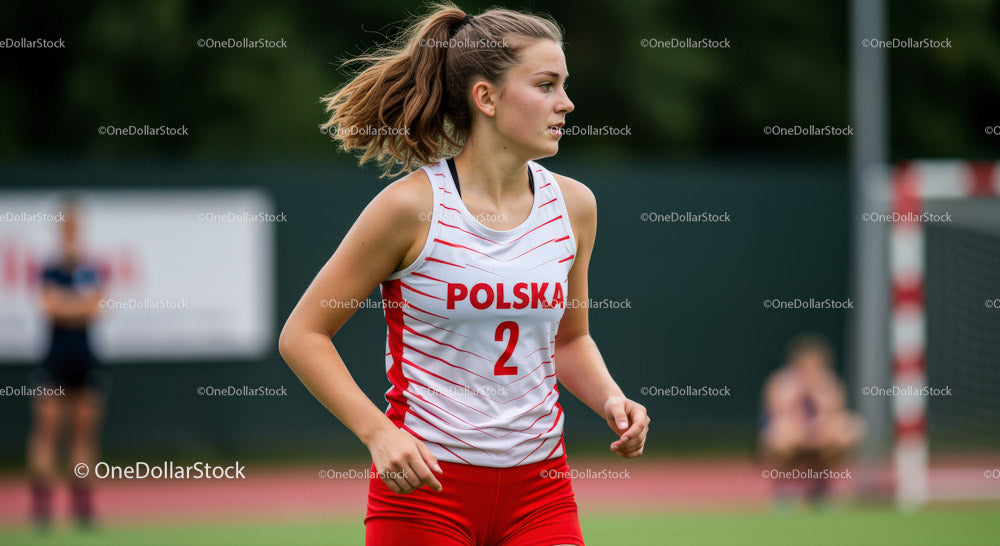 Kobieta w polskim stroju sportowym biegnąca po boisku podczas zawodów