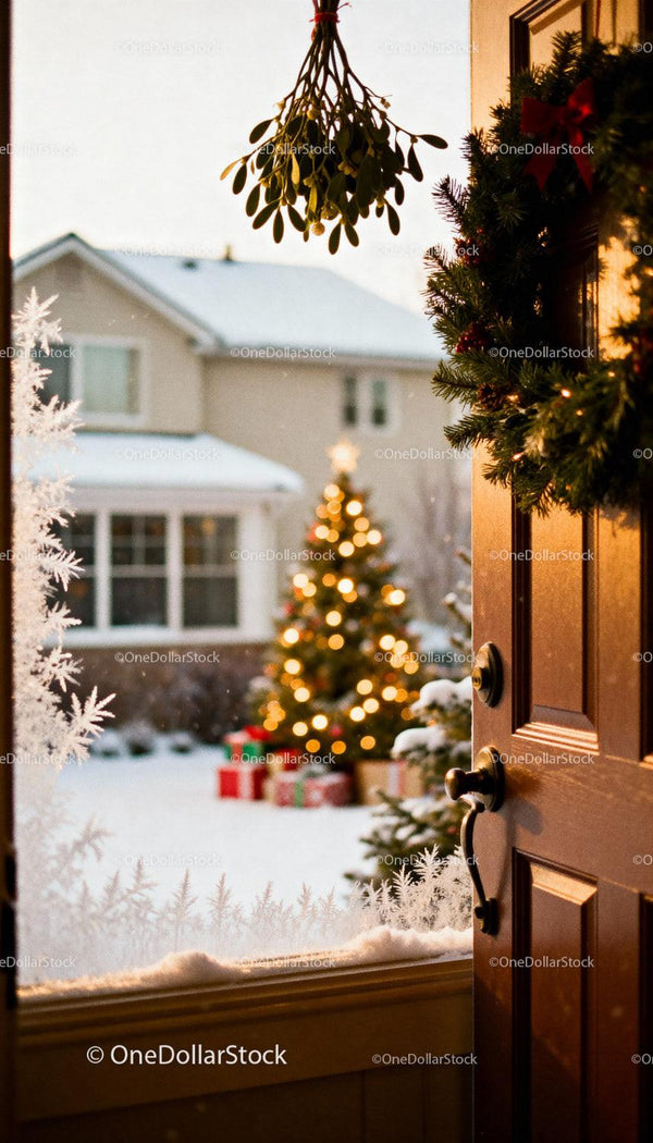 Cozy holiday entrance with Christmas tree and winter snow