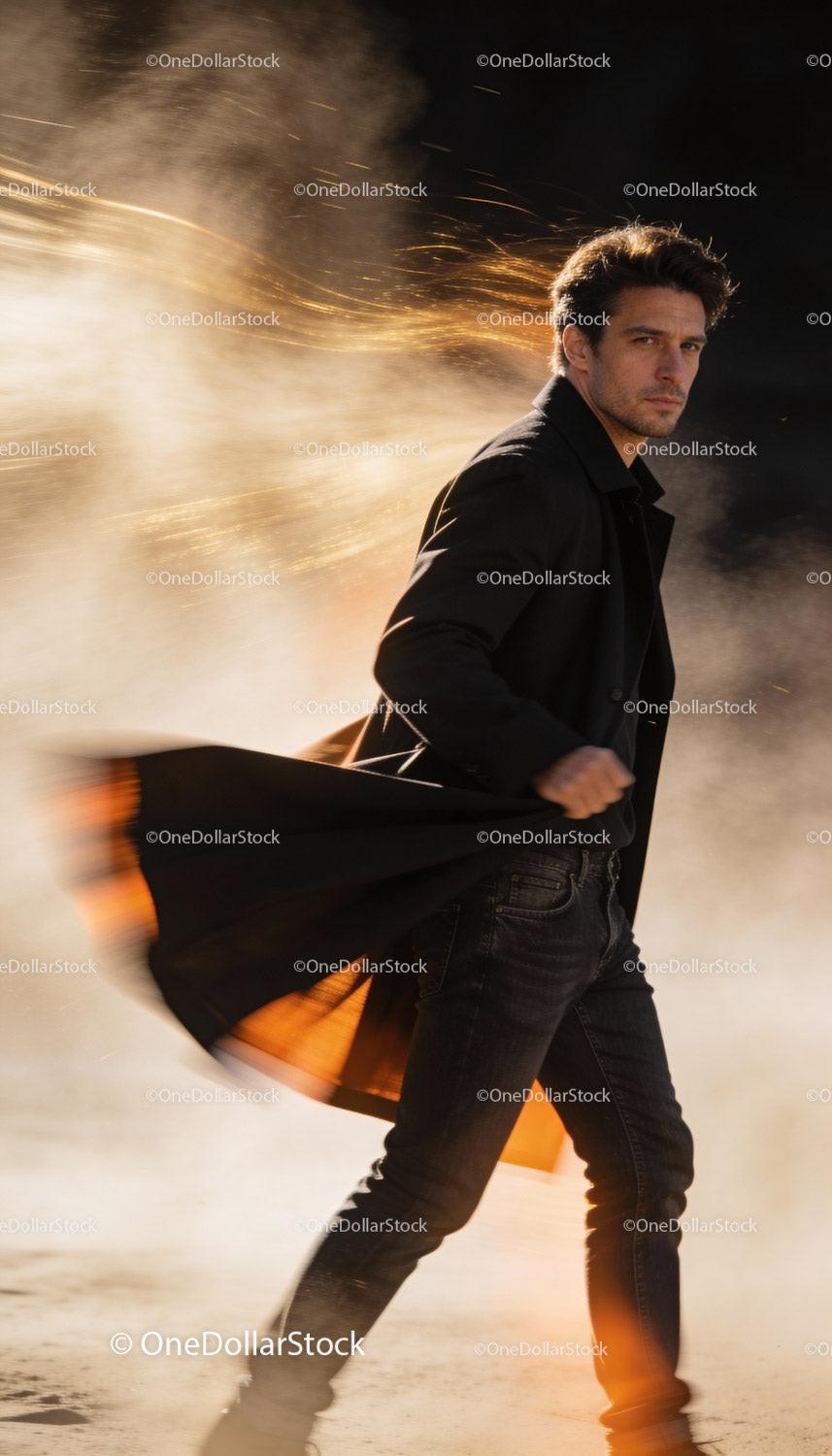 Man in black coat walking through glowing dust storm