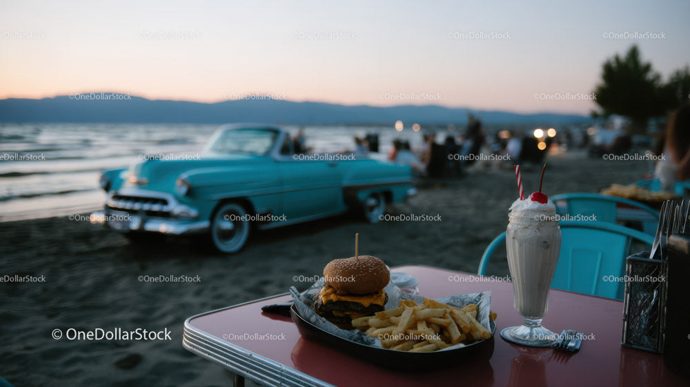 Beachside Dining Scene with Classic Car and Sunset in the Background