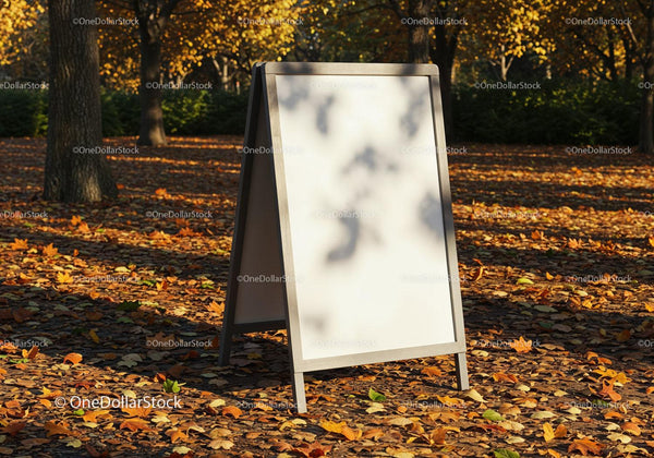Pusta tablica reklamowa typu A-frame w jesiennym parku