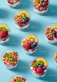 Fresh layered yogurt parfaits with fruit and granola