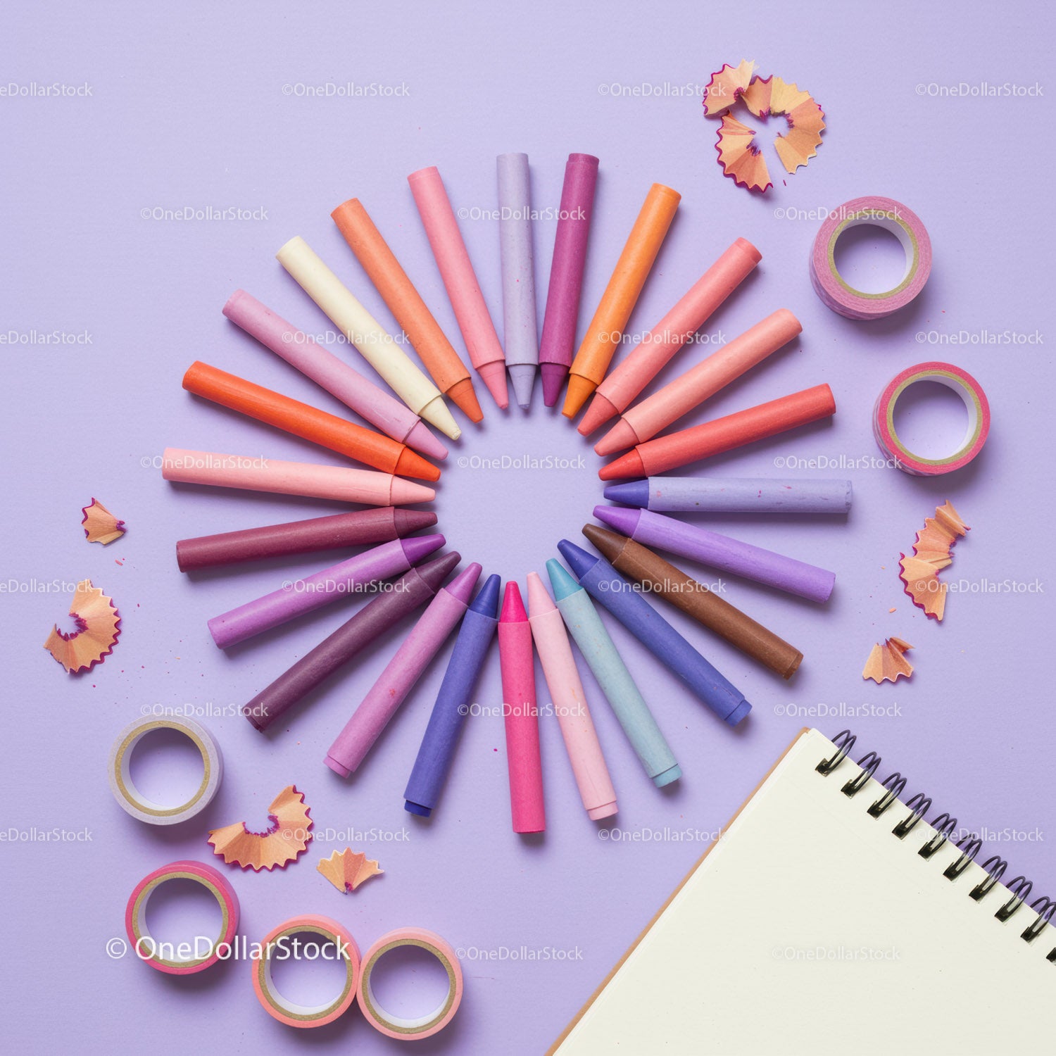 Colorful Crayons and Craft Supplies on Pastel Background