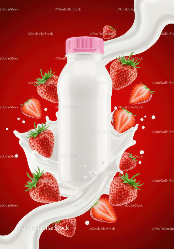 Strawberry smoothie bottle with fresh splashing milk JPG Mockup Image