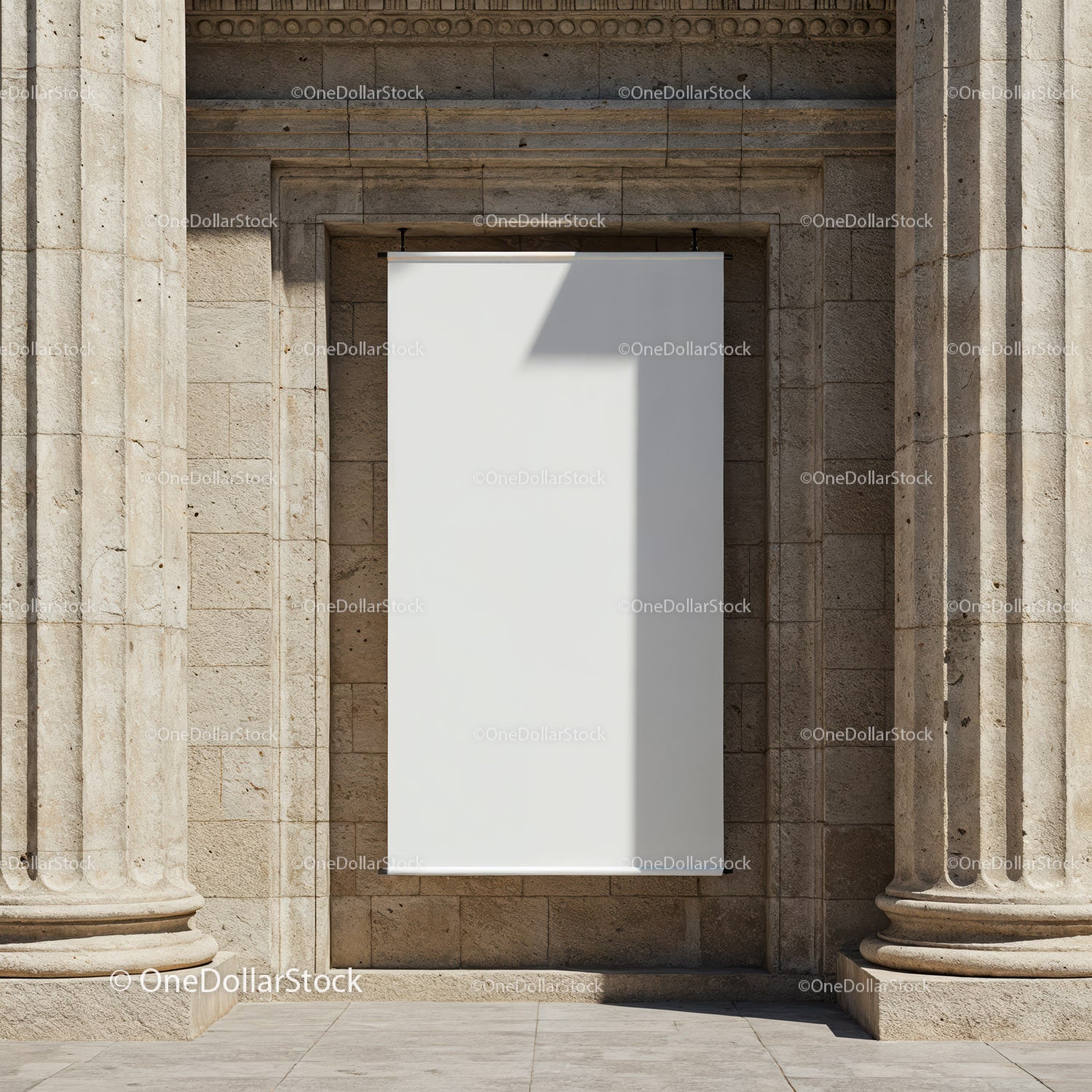 Blank Vertical Banner Between Classic Stone Columns