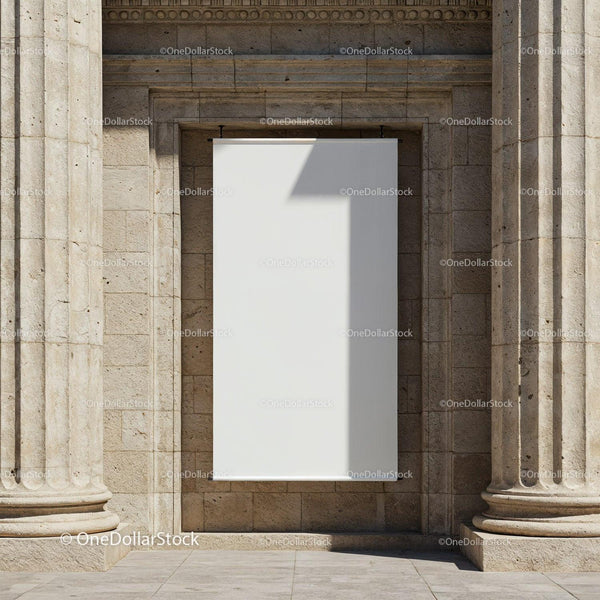 Blank Vertical Banner Between Classic Stone Columns JPG Mockup Image