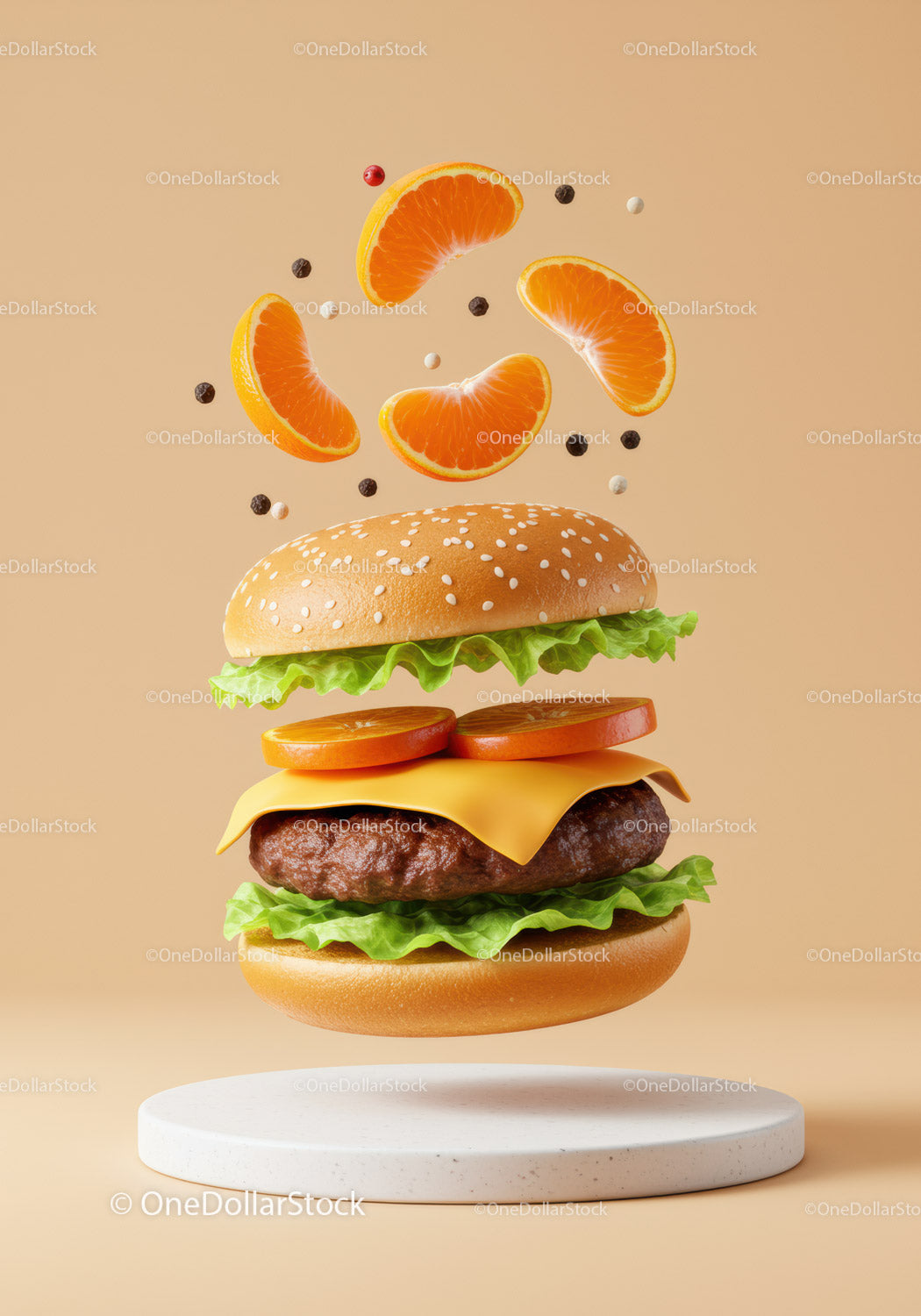 Creative burger with floating tangerine slices and spices
