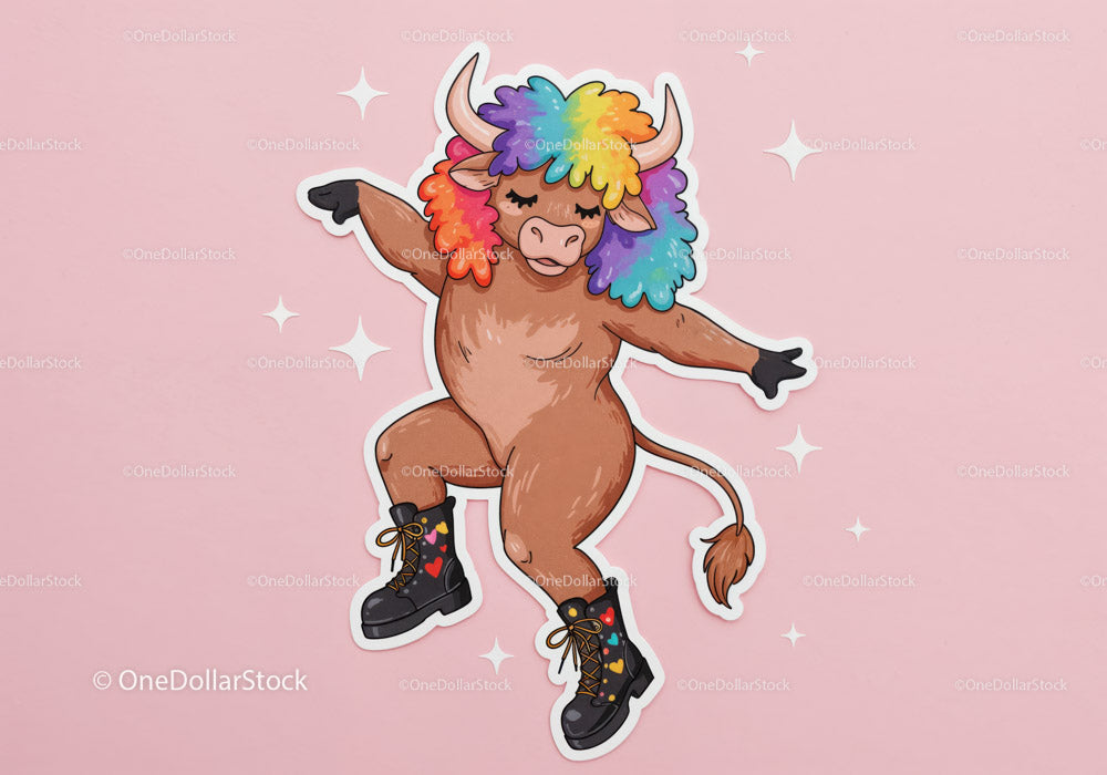 Playful Colorful Cartoon Cow Dancing on Pink Background