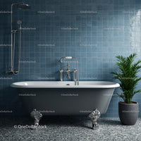 Modern freestanding clawfoot bathtub with blue tiled wall