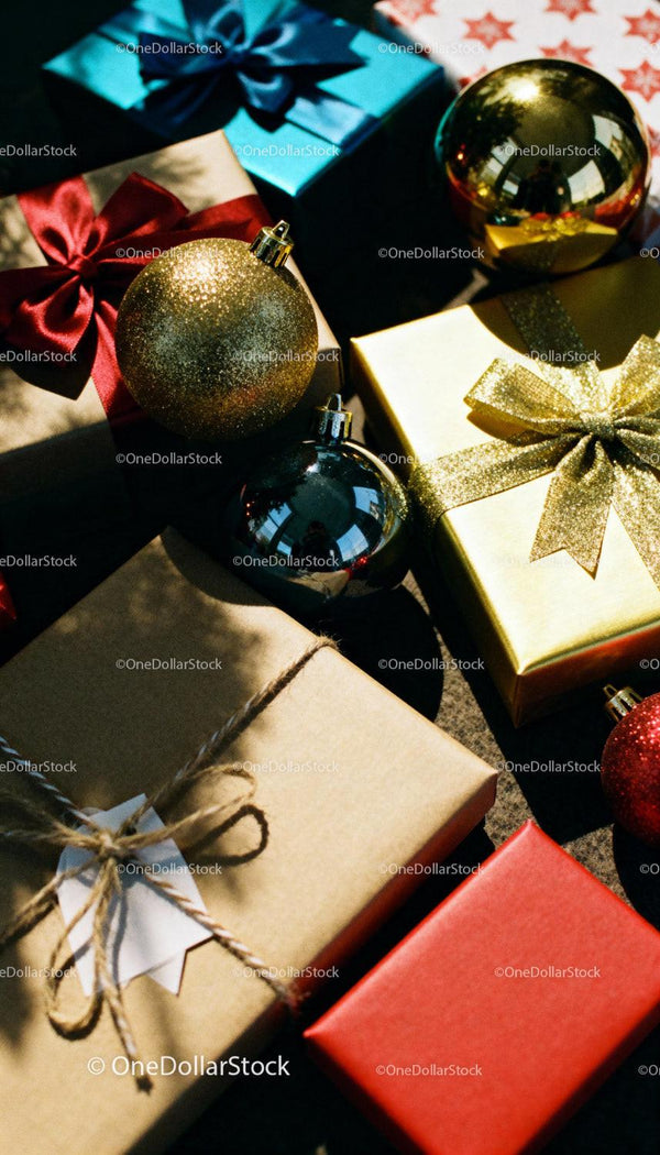 Christmas gift boxes with festive ribbons and ornaments