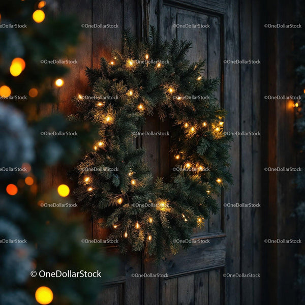 Festive Christmas wreath with warm glowing lights