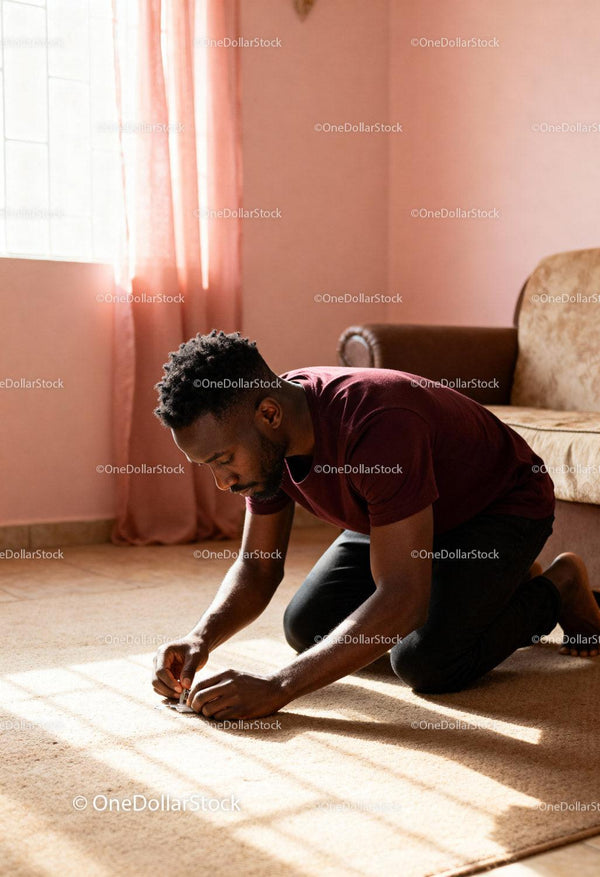 Young man concentrating on puzzle on sunlit carpet