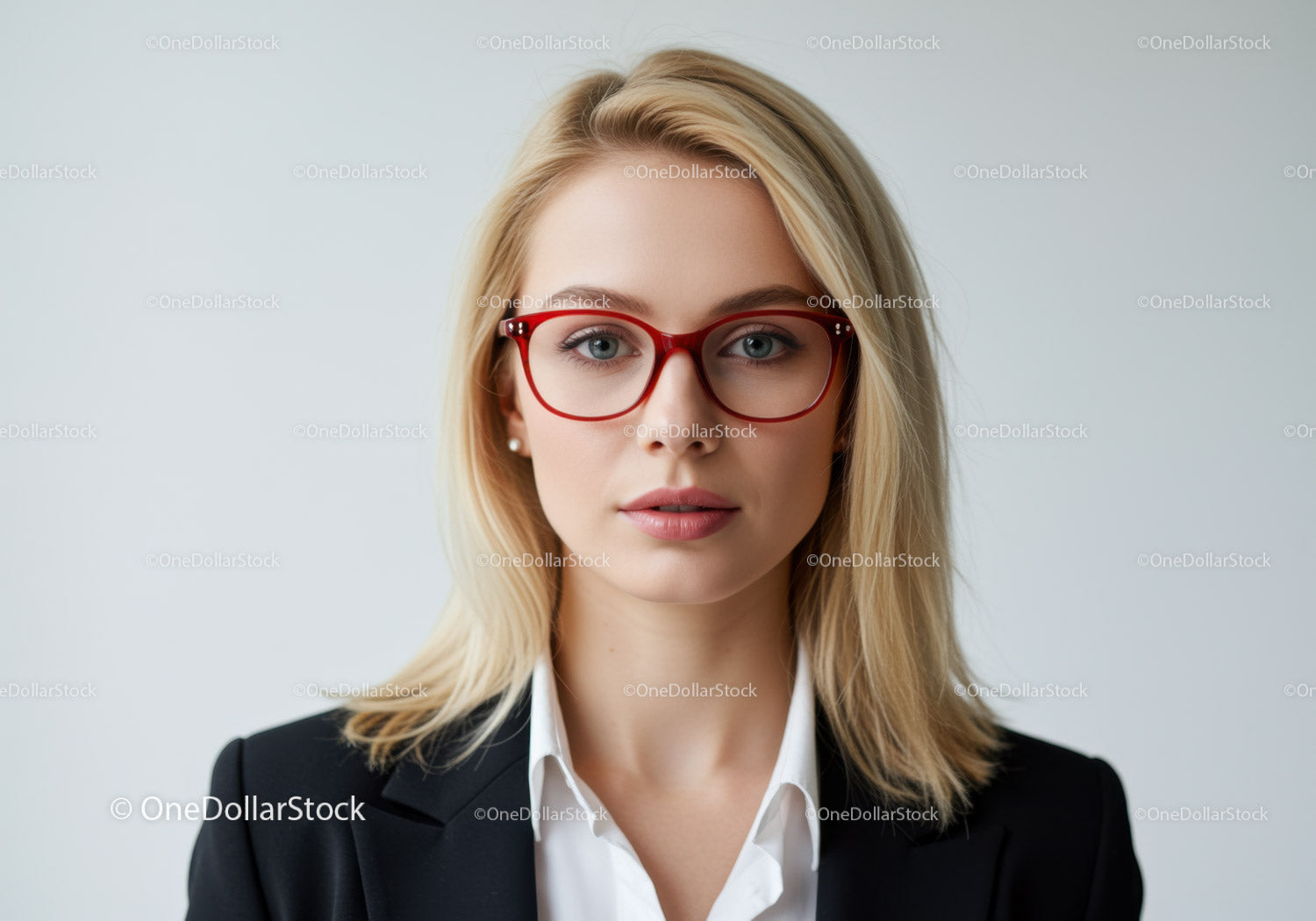 Elegancka bizneswoman w czerwonych okularach i czarnej marynarce