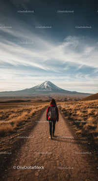 Scenic Mountain Trail Landscape with Woman Hiking Toward Volcano