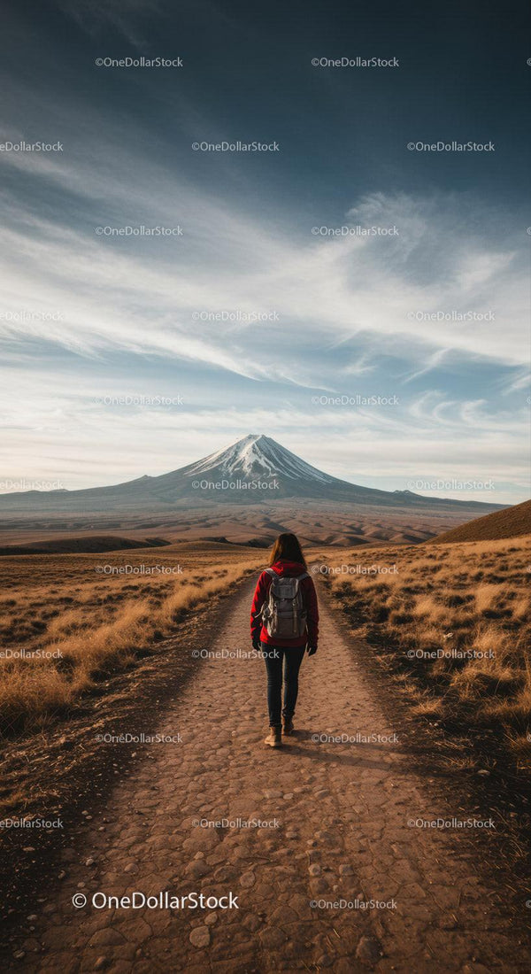 Scenic Mountain Trail Landscape with Woman Hiking Toward Volcano