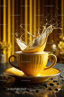 Yellow Coffee Cup with Splashing Coffee in Warm Cozy Setting