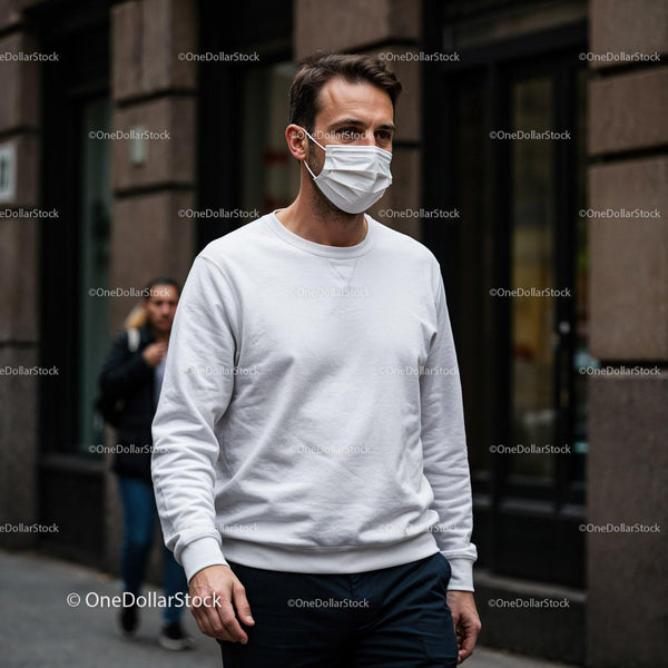 Man Wearing White Mask Walking in Urban Street JPG Mockup Image