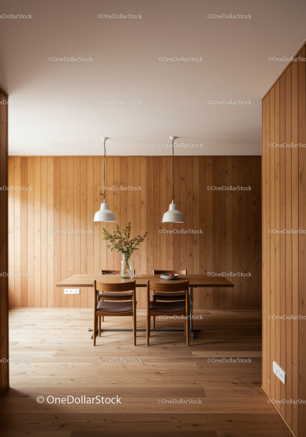 Nowoczesna drewniana jadalnia o minimalistycznym designie i wiszących lampach