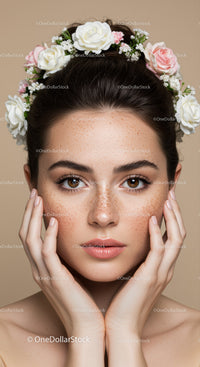 Portrait of a Young Woman with Freckles and Floral Headband