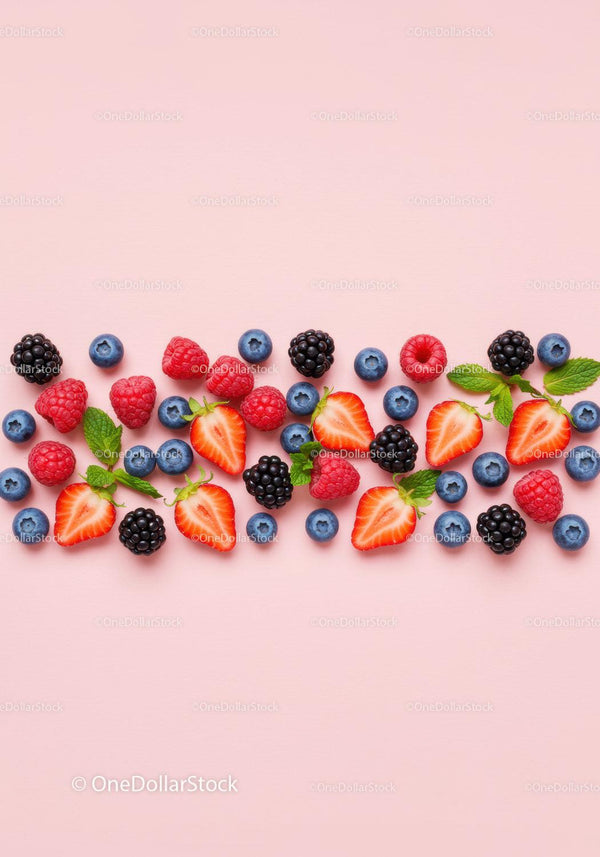 Fresh mixed berries with mint leaves on pink background