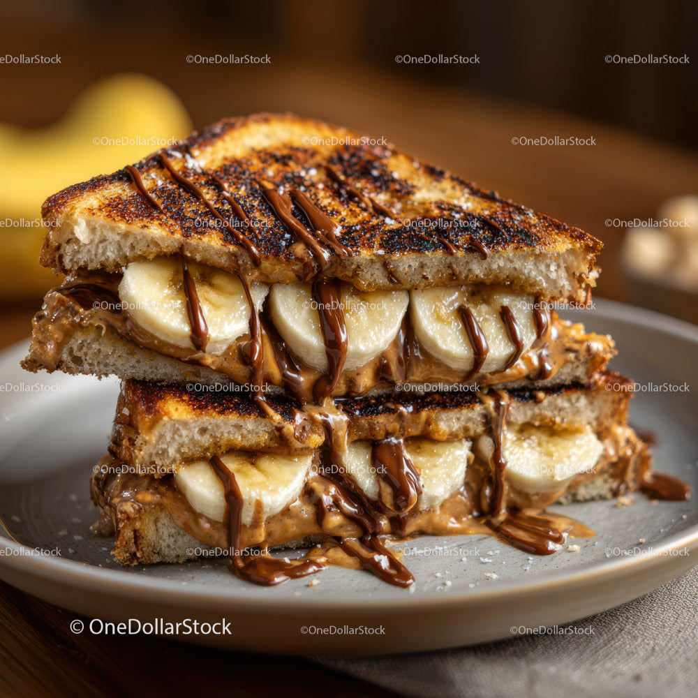 Banana and Chocolate Toast Sandwich with Caramel Drizzle